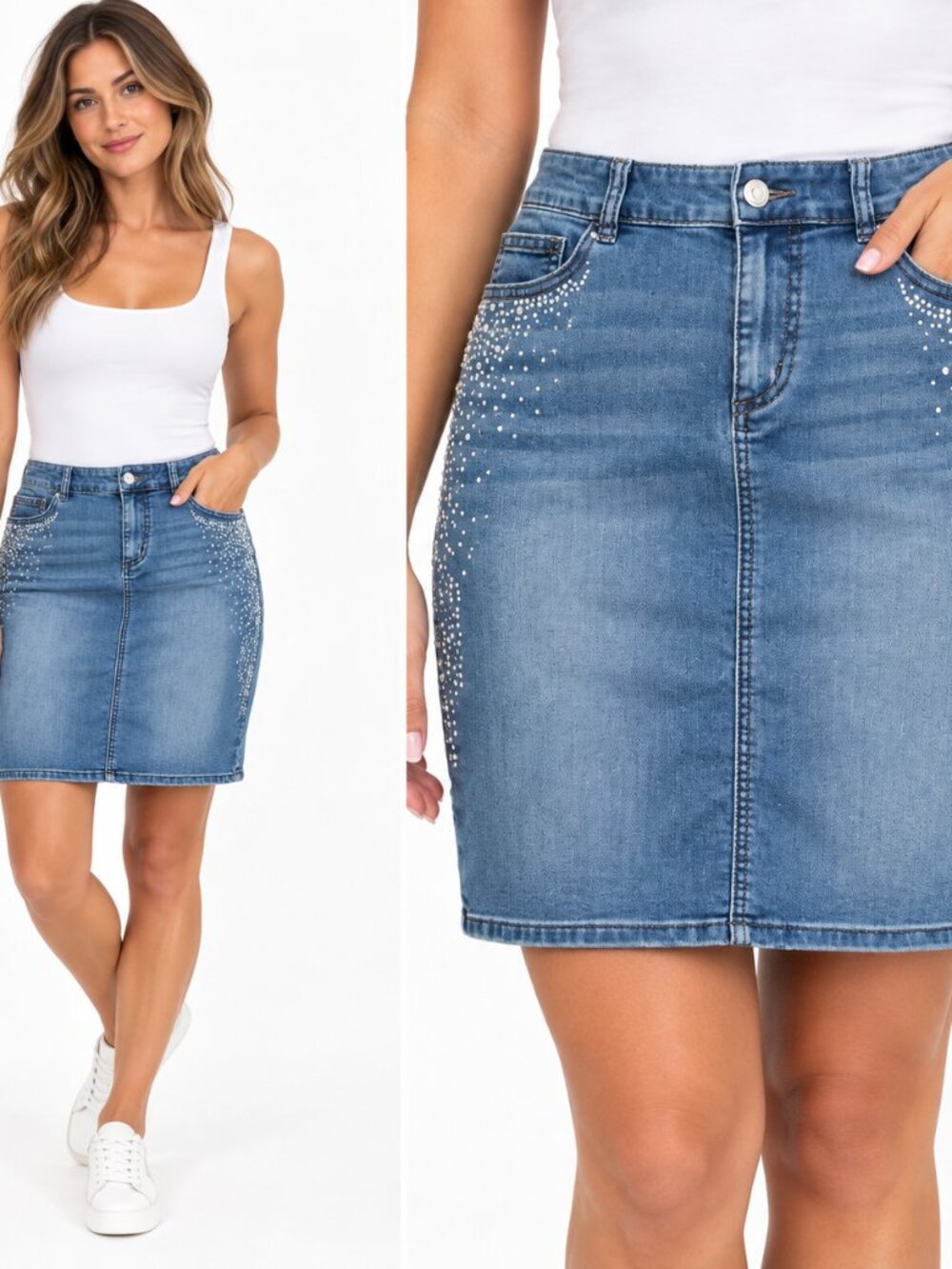 2/$30 Chico’s Rhinestone embellished denim 5 pocket jean skirt Sz. 0 (S)